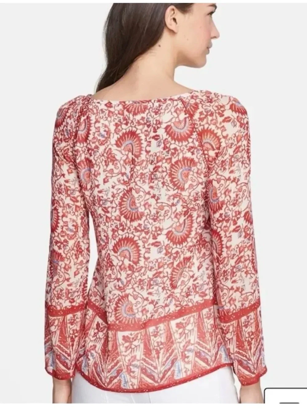 Tory Burch Danika Silk Boho Floral Tassel Tie Neck Tunic Blouse Size 4 Peasant